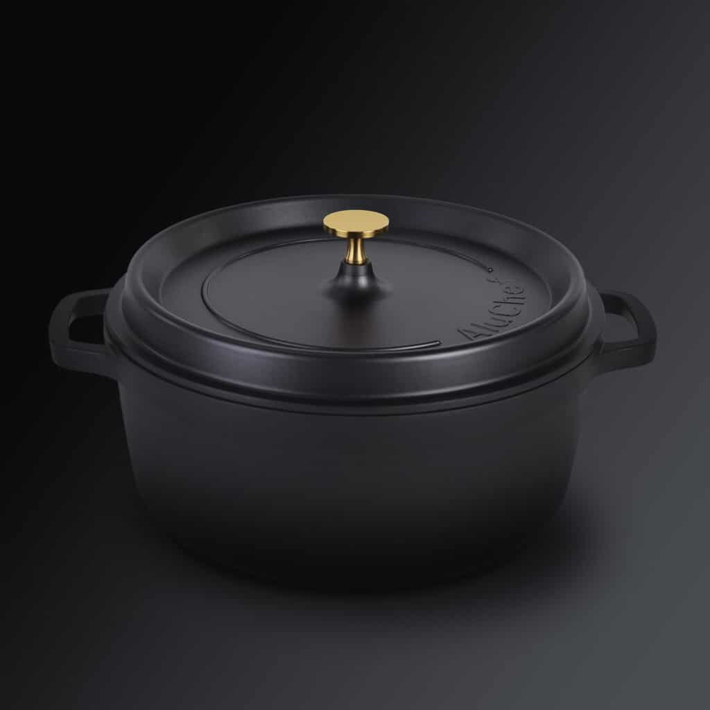 AluChef Round Casserole Pot 28 x 11.5cm, 7L Black with gold metal handle